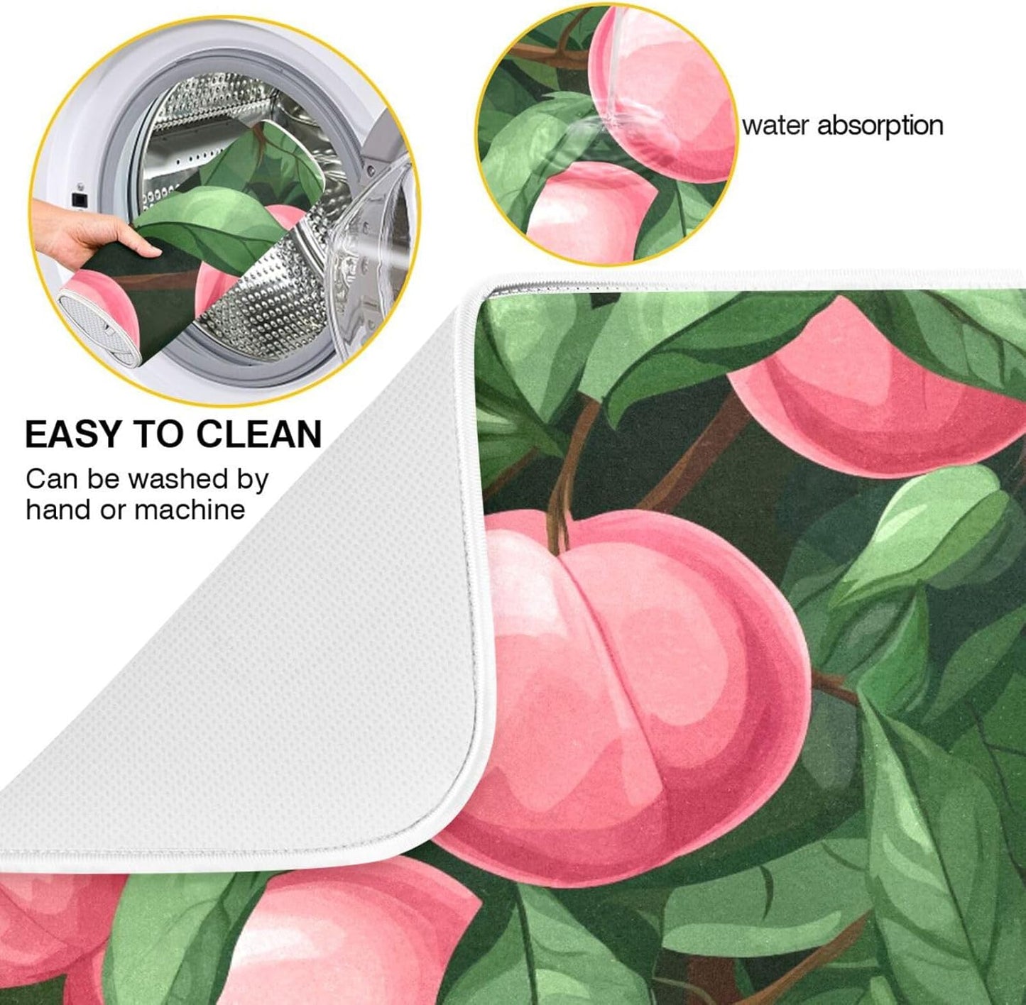 Absorbent Dish Drying Mat,Beautiful Fruit Pink Peach Green Leaves Microfiber Kitchen Countertop Table Protector Multipurpose Counter Rack Sink Drainer Pad(16x18 Inch)