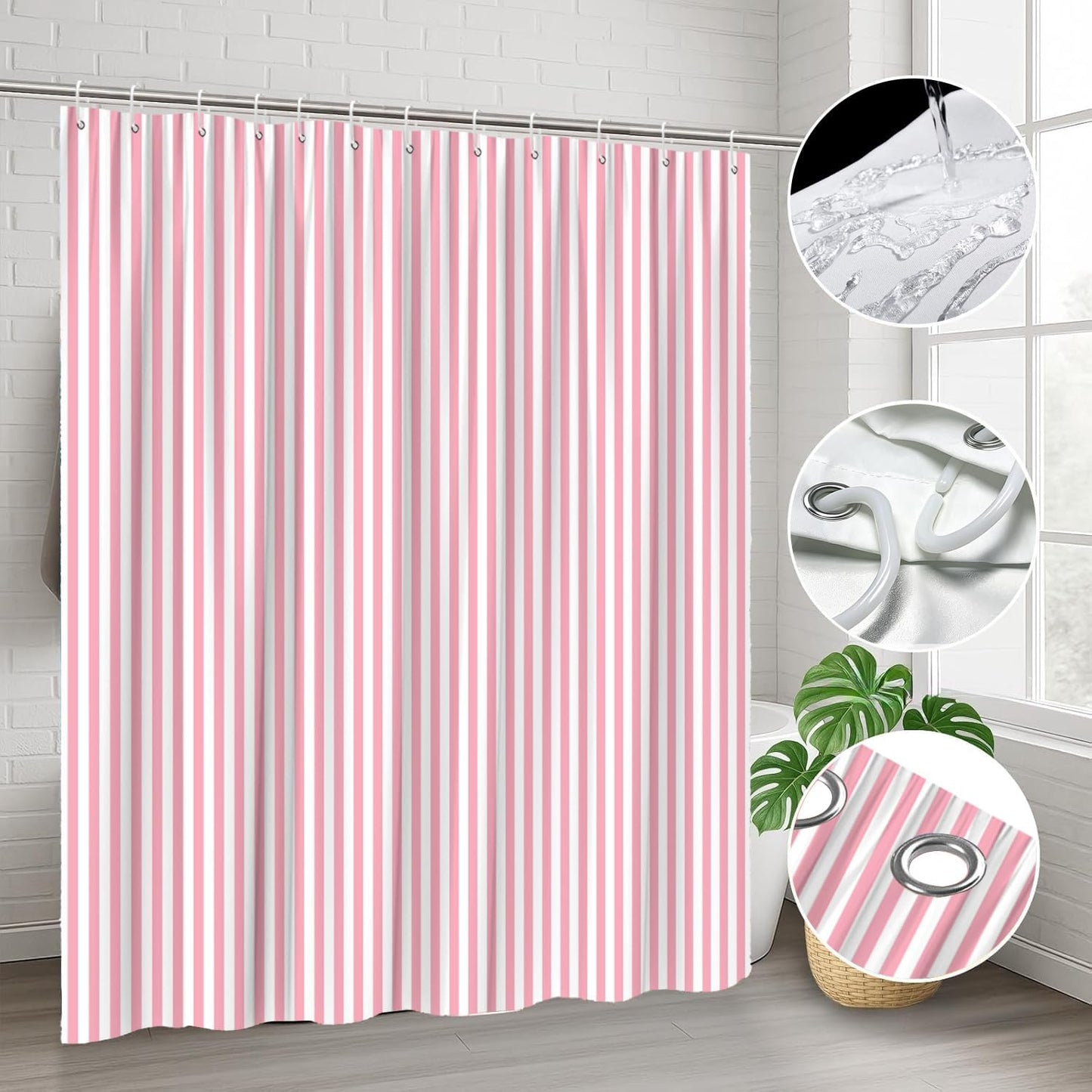 Pink and White Shower Curtain Striped Fashion Modern Minimalist Fabric Bathroom Decor Curtains with Hooks, 70" Wx70 H