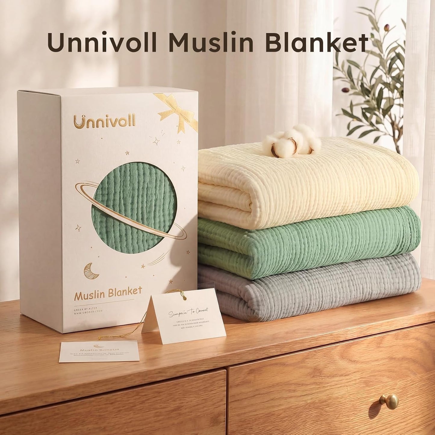 Unnivoll 100% Cotton Muslin Blanket Queen Size 90" x 90" for Bed Couch Summer Gauze Blanket for Adults Lightweight and Breathable Apricot