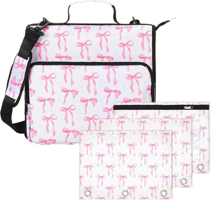 4 Pcs Pink Bow Zipper Binder with Pouch Bag Set 1.5 Inch 3-Ring Expanding Folders with Shoulder Straps and Handle Coquette Bag Bowknot Keeper Watercolor Zipper Case