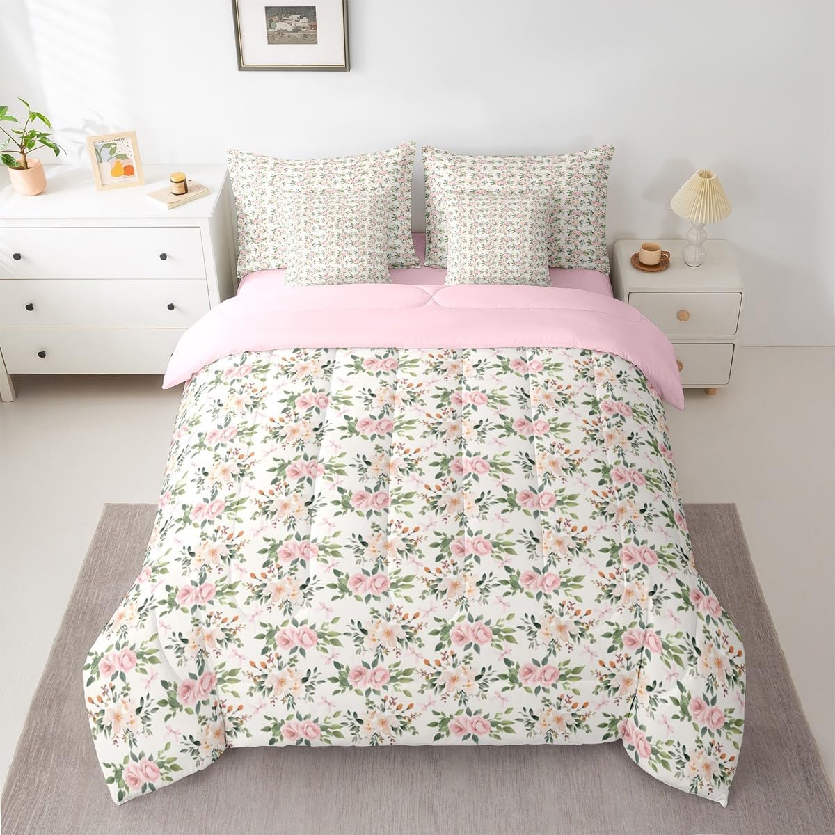 Erosebridal Flower 7 Piece Bedding Set Twin Rose Comforter Set with Sheets Peach Blossom Kawaii Ribbon Bow Bed in a Bag Princess Girly Leaves Floral Theme for Kids Girls Women