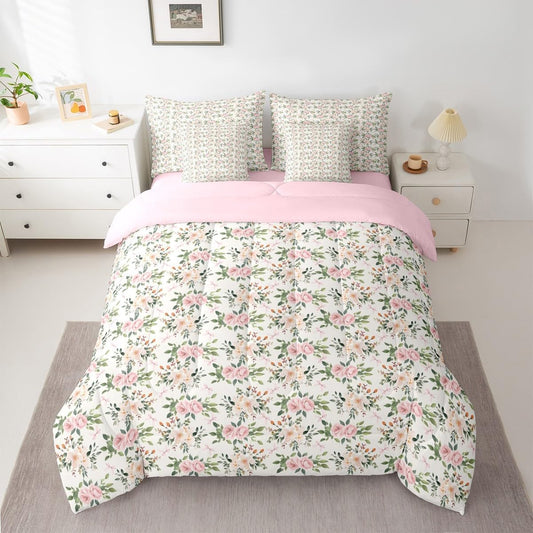 Erosebridal Flower 7 Piece Bedding Set Twin Rose Comforter Set with Sheets Peach Blossom Kawaii Ribbon Bow Bed in a Bag Princess Girly Leaves Floral Theme for Kids Girls Women