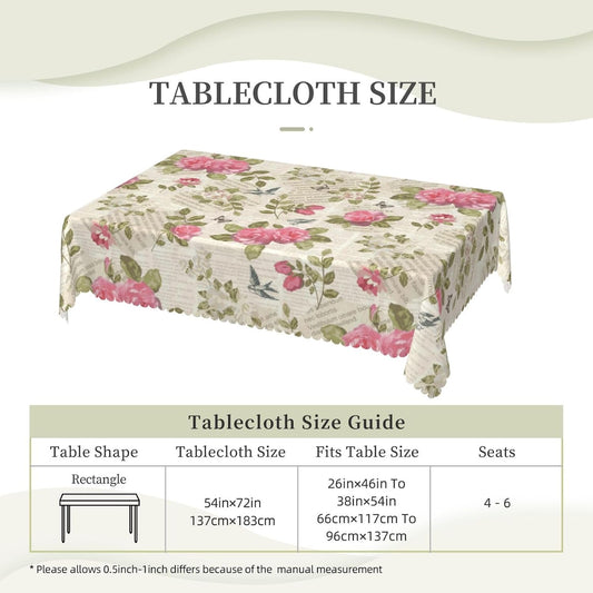 Vintage Pink Floral Rectangular Tablecloth Flowers in Vintage Newspaper Table Cloth with Wavy Lace Decoration Pink Blossom Table Cover for Dining Parties Rectangle Tablecloths 54x72 inch