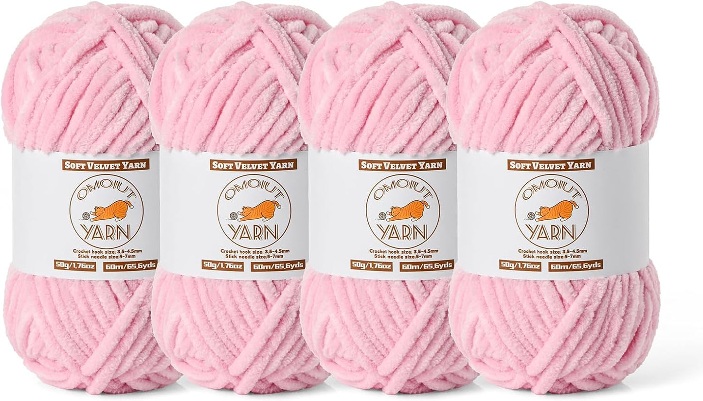 4 Pack Peach Pink Fluffy Velvet Yarn for Crocheting, Chunky Chenille Baby Blanket Yarn for Crochet, Soft Fuzzy Puzzle Yarn for Knitting, (50g/1.77oz Each) Bulky Thick Amigurumi Crochet Yarns