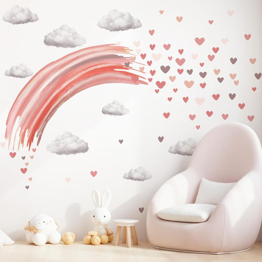 Boho Rainbow Wall Decals, Bohemian Nursery Wall Decor Sticker, Paste Watercolor Rainbow Decor Art for Kids Toddler Room Playroom Home Decor (Blush Rainbow & Hearts Wall Stickers)