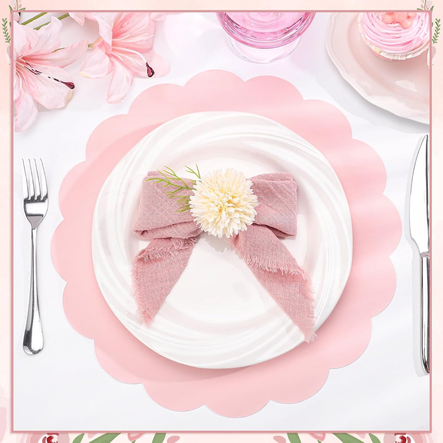 120 Pcs Light Pink Paper Placemats, 13.5 Inch Disposable Scalloped Placemat Round Table Place Mats Decorative Paper for Girls Birthday Wedding Bridal Shower Baby Shower Banquet Tea Party