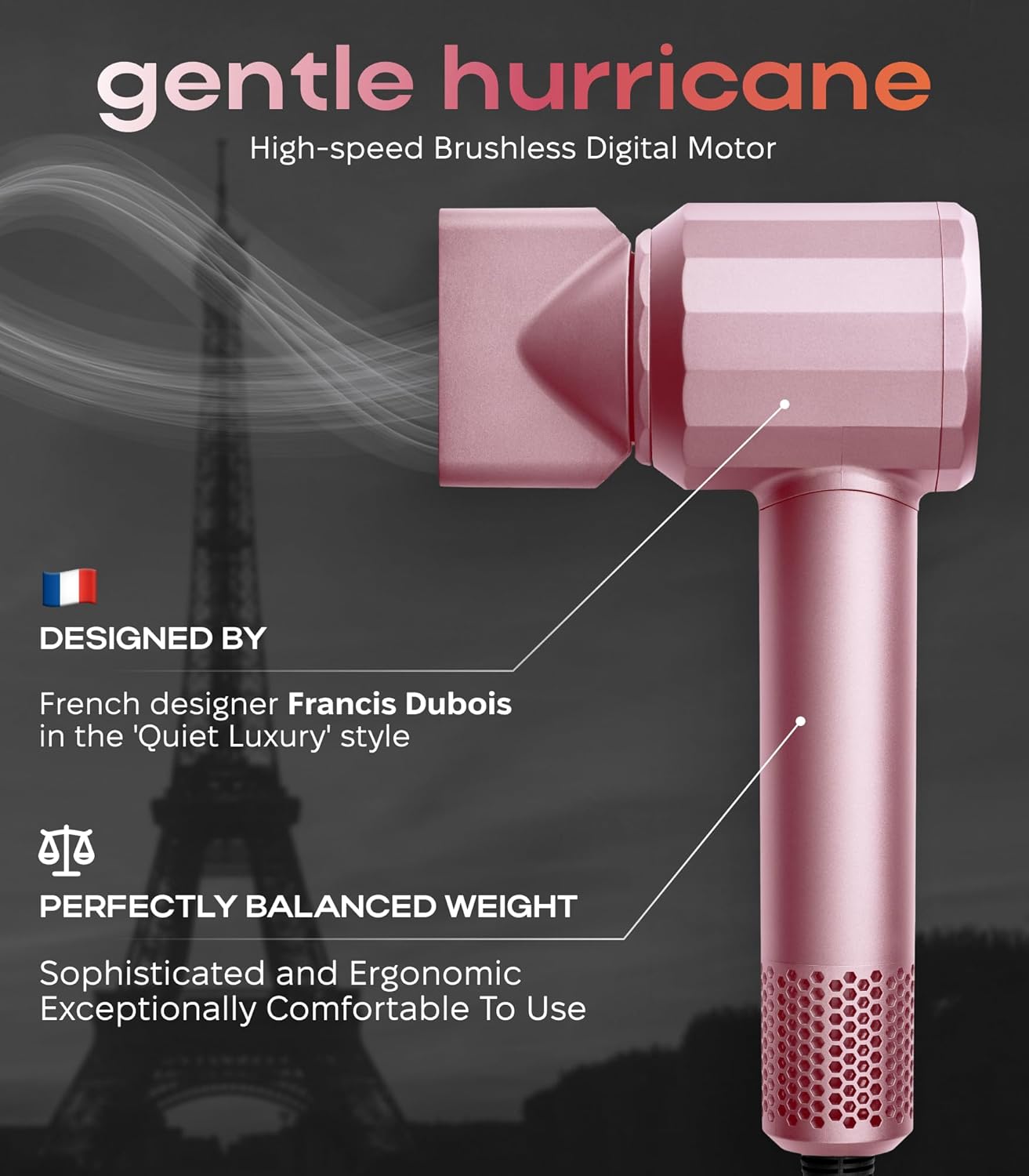 BIZOND Ionic Hair Dryer for Women and Men, Professional Premium Quality High-Speed Motor 110,000 RPM, 1600W Power, 200M Negative Ions, 9ft Long Cord, Lightweight Blow Dryer, Fast & Ultra Quiet (Pink)