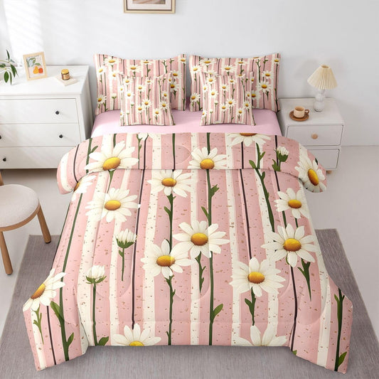 Manfei Stripe Daisy Comforter Set 7 Pcs Floral Cottagecore Kids Bed Set Sweet Girly Leaves Stems Bedding Twin with Comforter,Fitted Sheet,Flat Sheet,Pillowcases,Pillow Covers King Peach Pink
