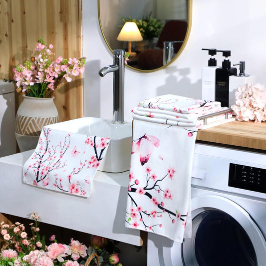 Preboun 3 Pack Cherry Blossom Bathroom Towels Set Spring Cherry Flower Hand Towels Watercolor Pink Sakura Bath Towels Butterfly Dish Towels Absorbent Fingertip Towel for Bathroom Kitchen Hotel Beach