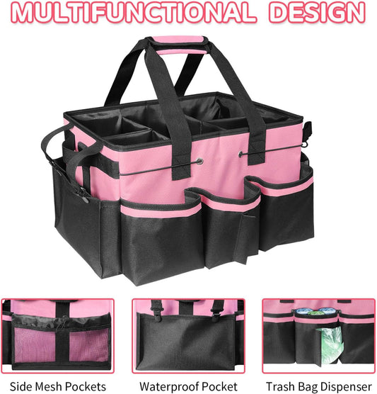 Wearable Cut-Off Cleaning Organizer, Housekeeping Organizer with Handles, Shoulder Strap and Removable Dividers for Tool Products, Housekeeping, Automotive, Home (Pink)