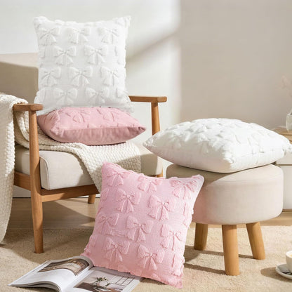 Pink Bow Throw Pillow Covers 18x18in, Pink Throw Pillow Cases Set of 4, White Bow Pillow Covers Decorations Faux Fur Soft, Bowknot Preppy Stuf Pillowcovers for Holiday Sofa Couch Home Decor