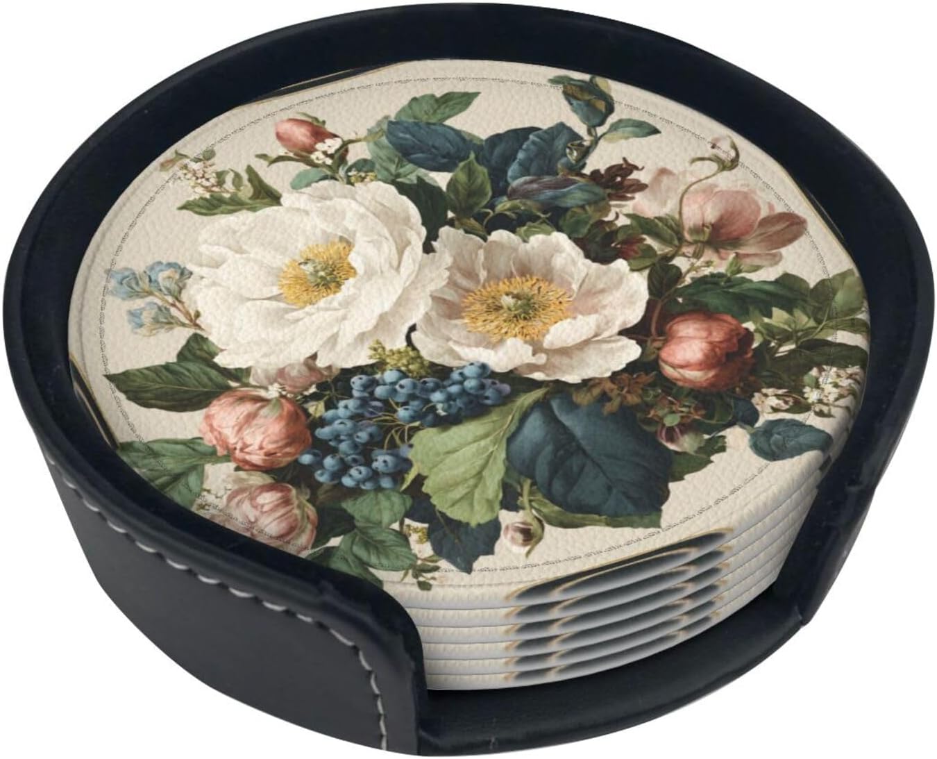 White Pink Flowers Blue Berries On Light Cream Premium Leather Coasters, Set of 6 with Holder, Stylish Beverage Coasters for Kitchen Coffee Bar