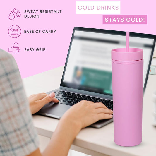 SKINNY TUMBLERS 4 Pack - Matte Pastel Colored Acrylic Tumbler with Lid and Straw- Perfect for Home, Travel |16oz Double Wall Reusable Plastic Tumbler w Straw Cleaner INCLUDED,LIGHT PINK