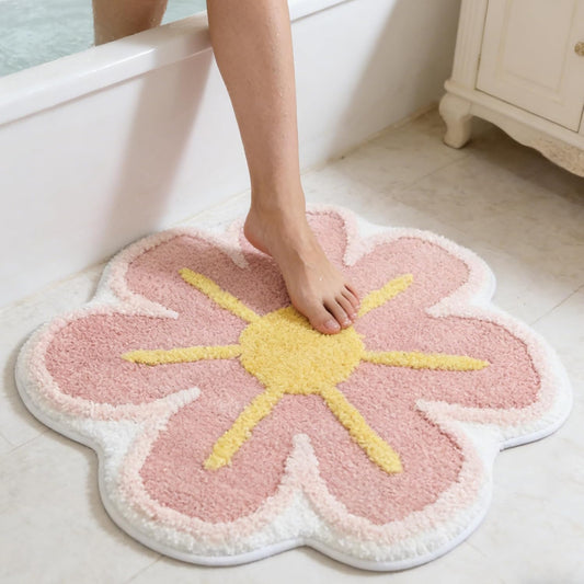 Cute Flower Shaped Bath Mat, Non-Slip TPR Backing Ultra Soft Microfiber Bathroom Rug, Machine Washable Absorbent Bath Rug for Tub Shower Sink Bedroom Dorm Restroom Toilet(24x24 Inch)