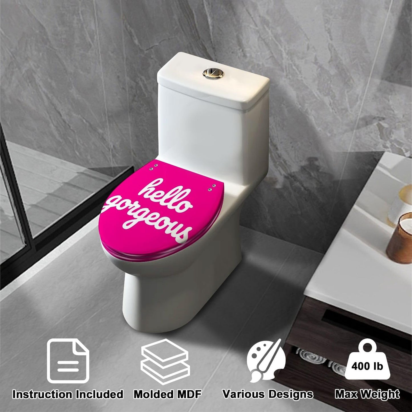 Elongated Toilet Seat Cherry Pink Hello Gorgeous Cute Preppy Hot Text Typography Bright Quiet Close Strong Stainless Steel Hinges Resin Toilet Seat Easy to Install Easy to Clean