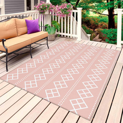 Peach Pink Checkered Outdoor Rug 6 x 9 Ft, Abstract White Geometric Argyle Stripe Outdoor Patio Rugs Mat Washable Outside Area Rugs Carpet for Porch Deck RV Camping Pool Balcony Backyard