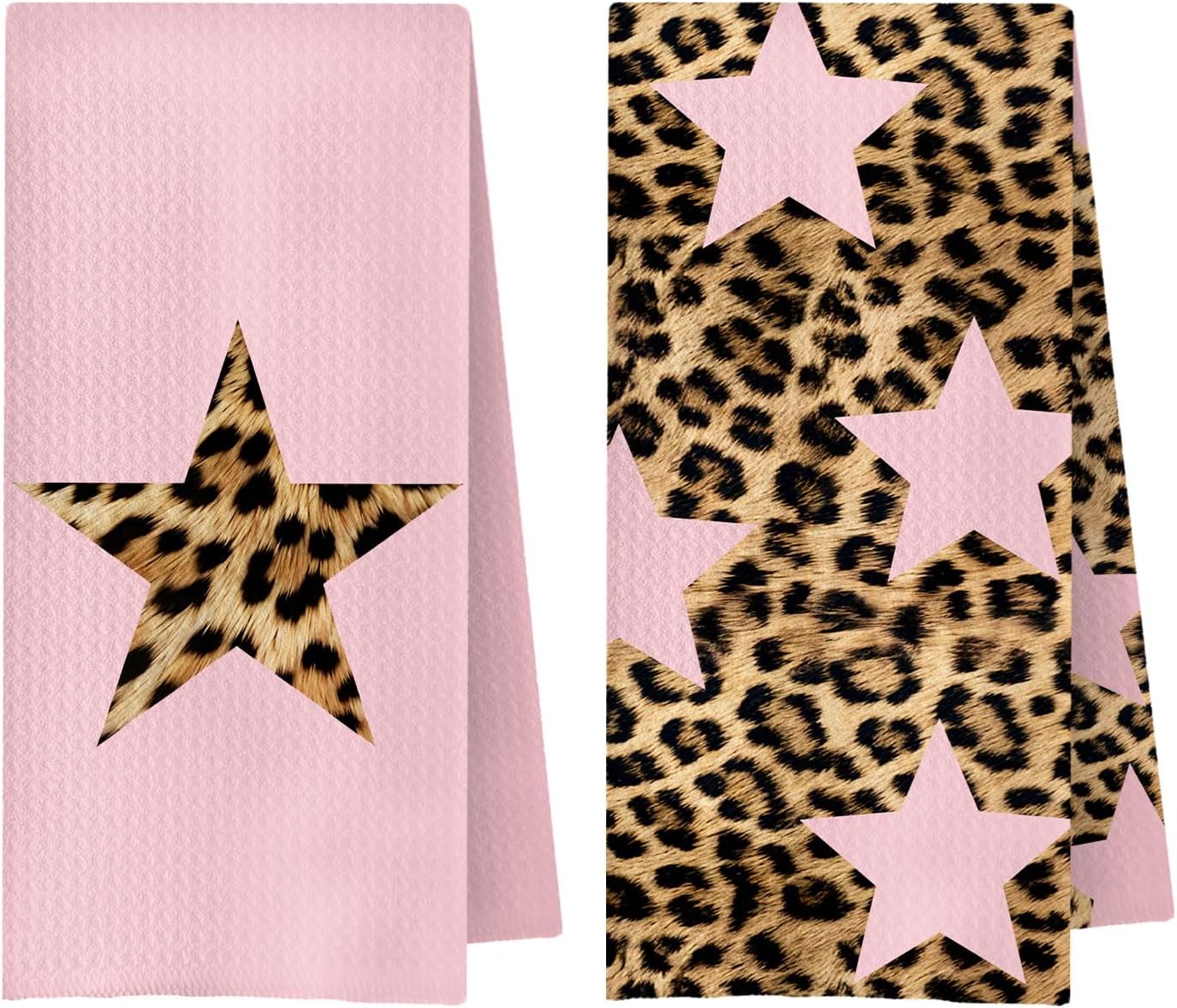 Preppy Pink Leopard Star Kitchen Towels Decorative, Trendy Y2K Girly Cheetah Print Hand Towels for Girls Dorm Bathroom Washroom Spa Yoga Room, 16x24 Inch Set of 2