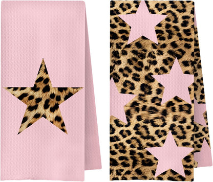 Preppy Pink Leopard Star Kitchen Towels Decorative, Trendy Y2K Girly Cheetah Print Hand Towels for Girls Dorm Bathroom Washroom Spa Yoga Room, 16x24 Inch Set of 2