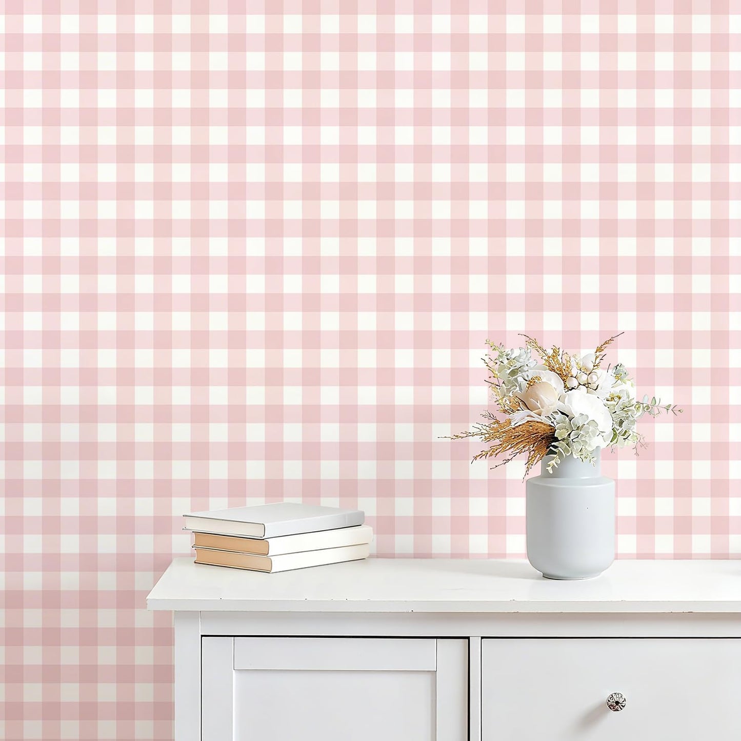 Plaid Peel and Stick Wallpaper – Pink Boho Checkered Contact Paper, Removable Vinyl Self-Adhesive Plaid Wallpaper for Bedroom, Nursery Room, Study Room, Living Room, 17.7"x78.7"
