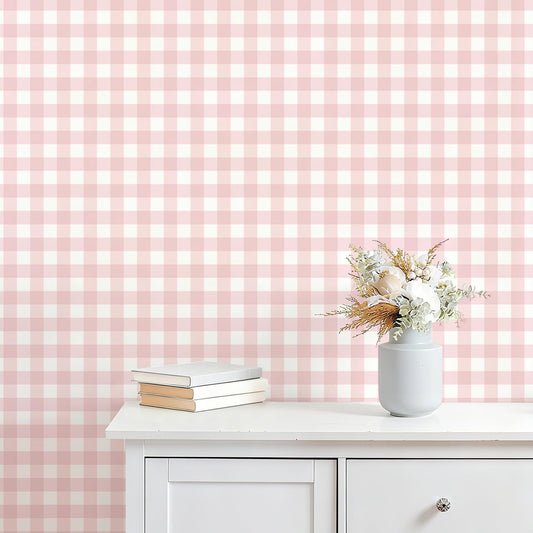 Plaid Peel and Stick Wallpaper – Pink Boho Checkered Contact Paper, Removable Vinyl Self-Adhesive Plaid Wallpaper for Bedroom, Nursery Room, Study Room, Living Room, 17.7"x78.7"