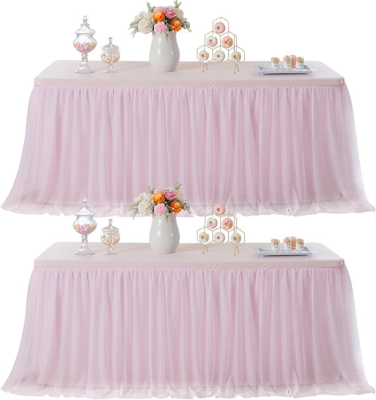 familus Pink Table Cloths 6 Foot Rectangle 2 Pack Stretch Ruffle Tulle Tablecloth Spandex Fitted Table Cover for 6 Foot Tulle Table Skirts for Party Wedding Table Cloths, Banquets