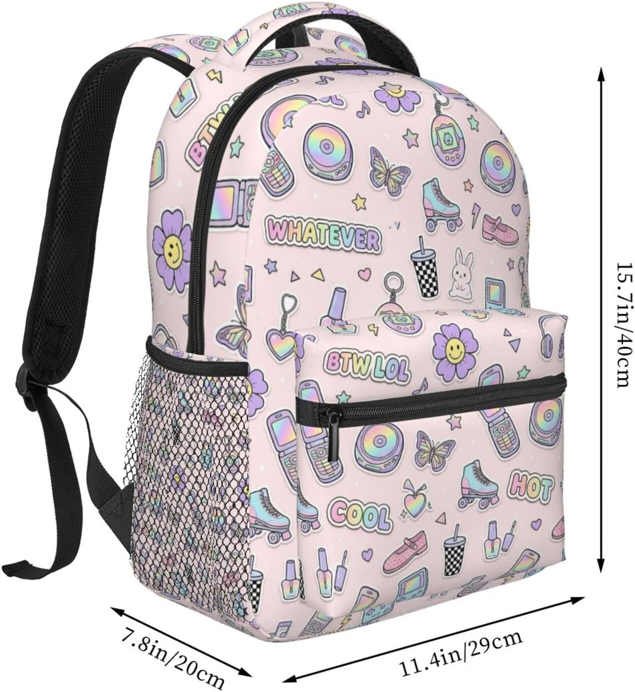 Y2K Pastel Sticker Flip Phone Roller Skate Butterfly Light Pink Seamless Pattern 15.7 Inch Large capacity laptop backpack, durable for daily use