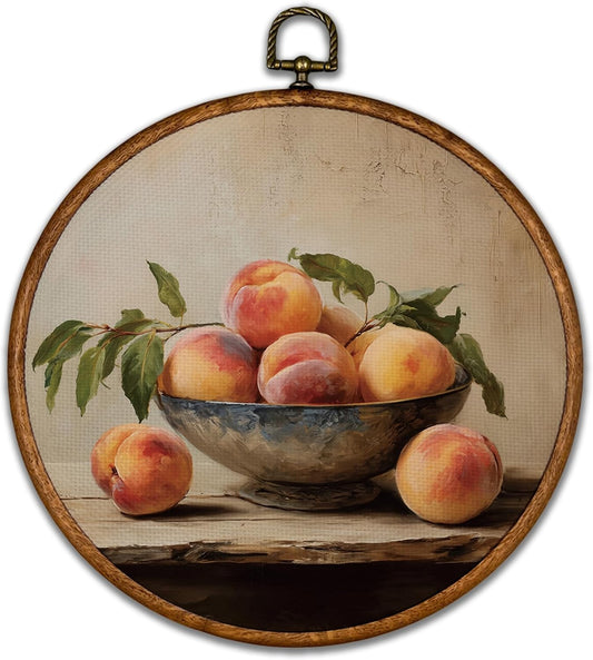 BCUANGD Vintage Peach Round Wall Art Decor - Retro Food Still Life Wall Art Canvas Frame Artwork Prints, Rustic Country Bakery Round Wall Hanging Decorations for Kitchen Home, 10"x10"
