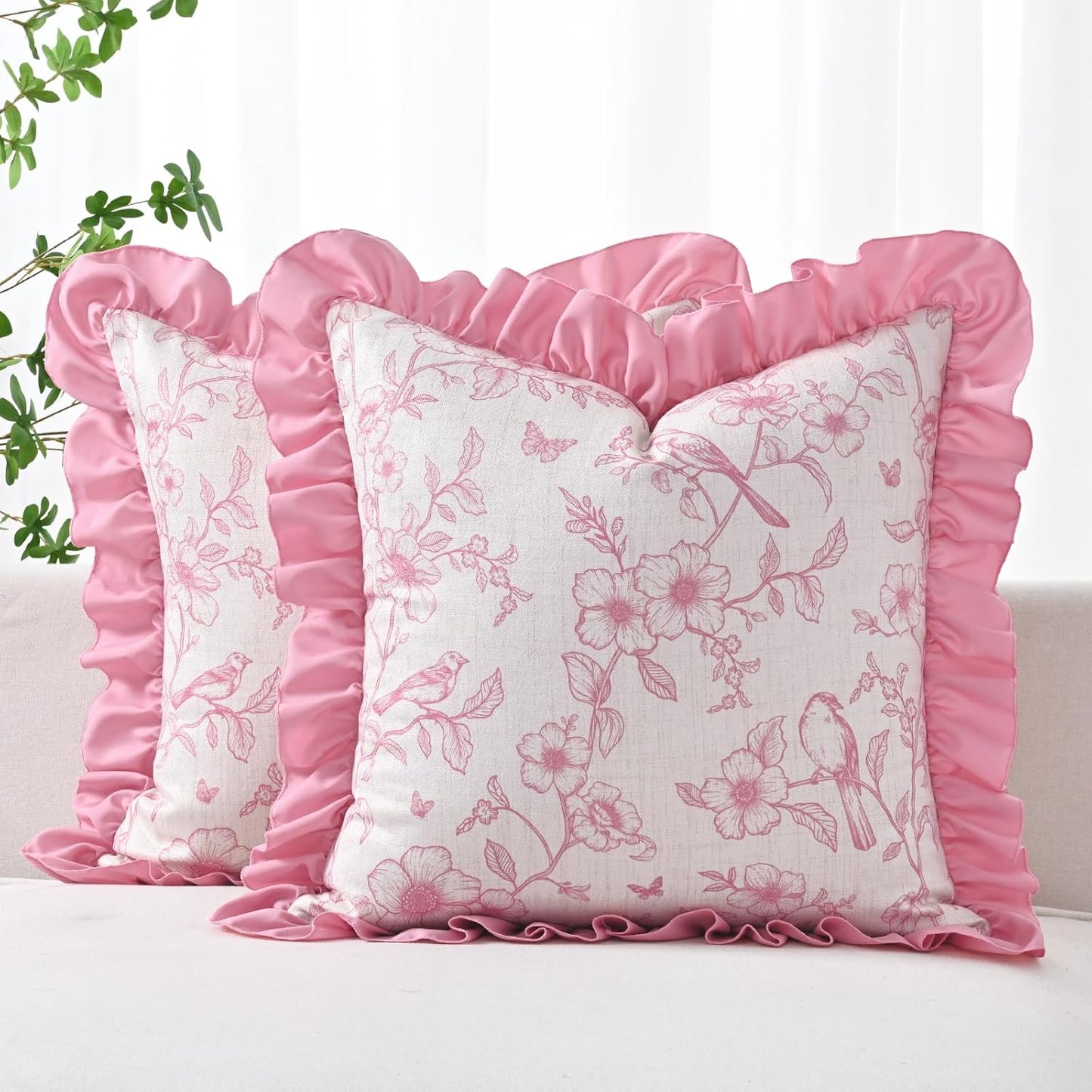 Yinhua Floral Linen Throw Pillow Covers 18x18 Inches Set of 2, Farmhouse Decorative Couch Pillow Covers with Ruffle, French Country Throw Pillowcases Soft Cushion Covers for Sofa Bed Living Room, Pink