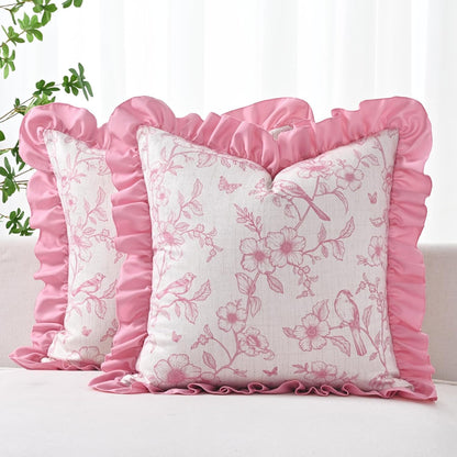 Yinhua Floral Linen Throw Pillow Covers 18x18 Inches Set of 2, Farmhouse Decorative Couch Pillow Covers with Ruffle, French Country Throw Pillowcases Soft Cushion Covers for Sofa Bed Living Room, Pink