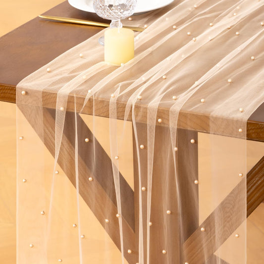 Socomi Pearl Table Runner Tulle Peach Summer Cheesecloth 10FT Gauze Cheese Cloth Sheer Chiffon Dining Wedding Birthday Party Baby Shower Bridal Anniversary Holiday Centerpiece Table Decor