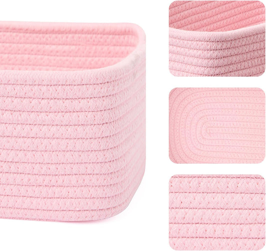 MiniArk Small Storage Baskets for Organizing | Closet Organizer Bins | Shelf Toy Basket | Woven Rope Baskets | Cube Decorative Box | Shallow Basket | 11.5x7.5x4.7” | 4 Packs Light Pink