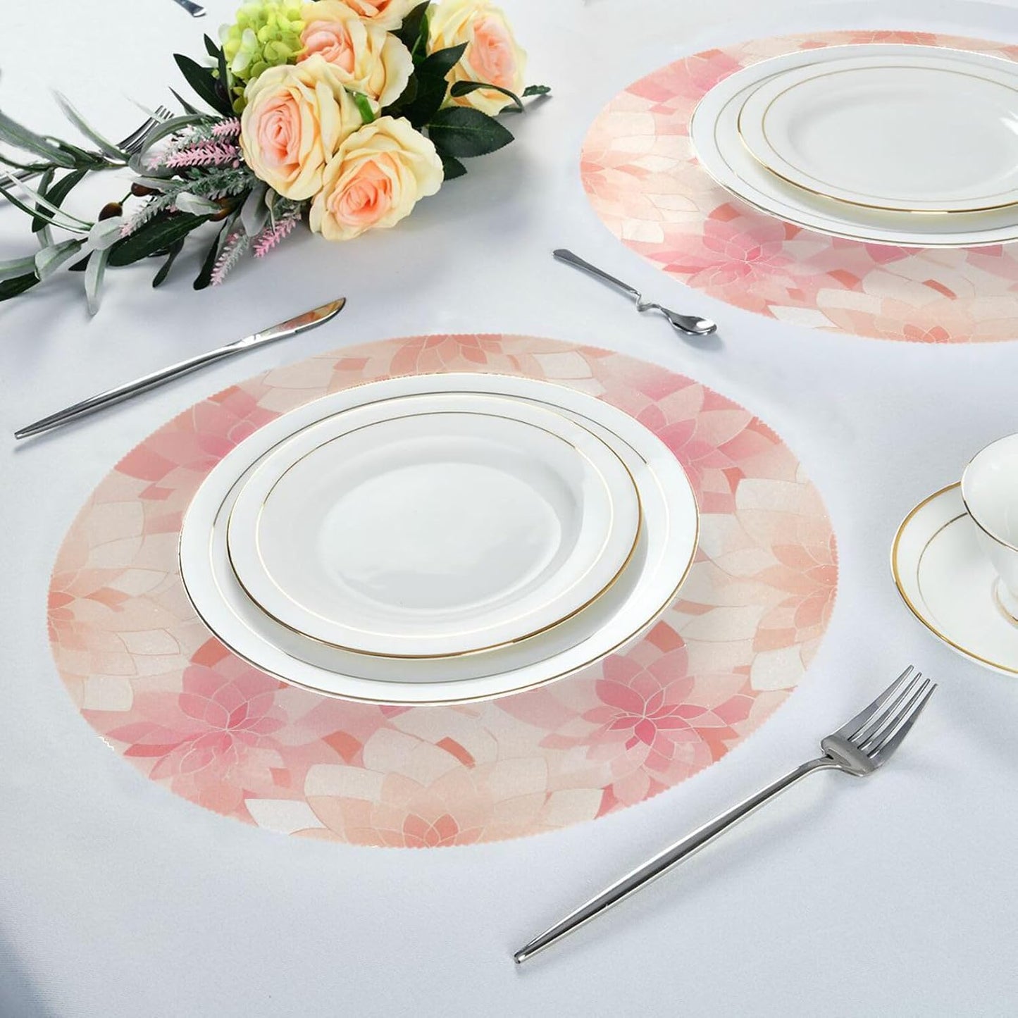 Rosette Floral Pattern Peach Gold Round Natural placemats Vinyl Waterproof Round placemats for Dining Table Set of 6 15.4x15.4in