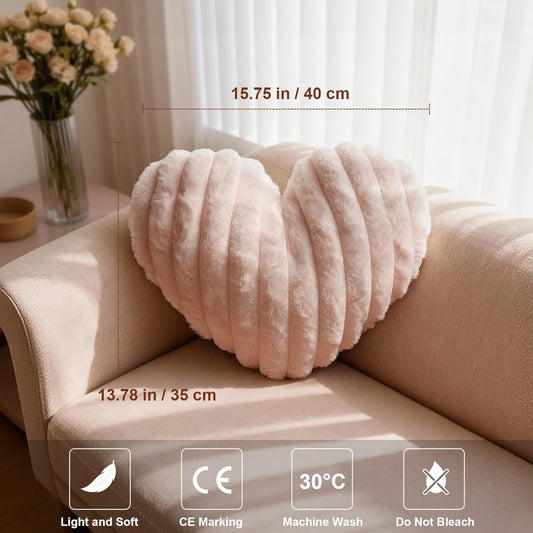 2PCS Pink Heart Throw Pillows, 16 Inch Soft Fuzzy Faux Fur Heart-Shaped Pillows, Cute Decorative Cushions for Couch, Chair, Bed & Bedroom Decor (Pink, 16 * 14)