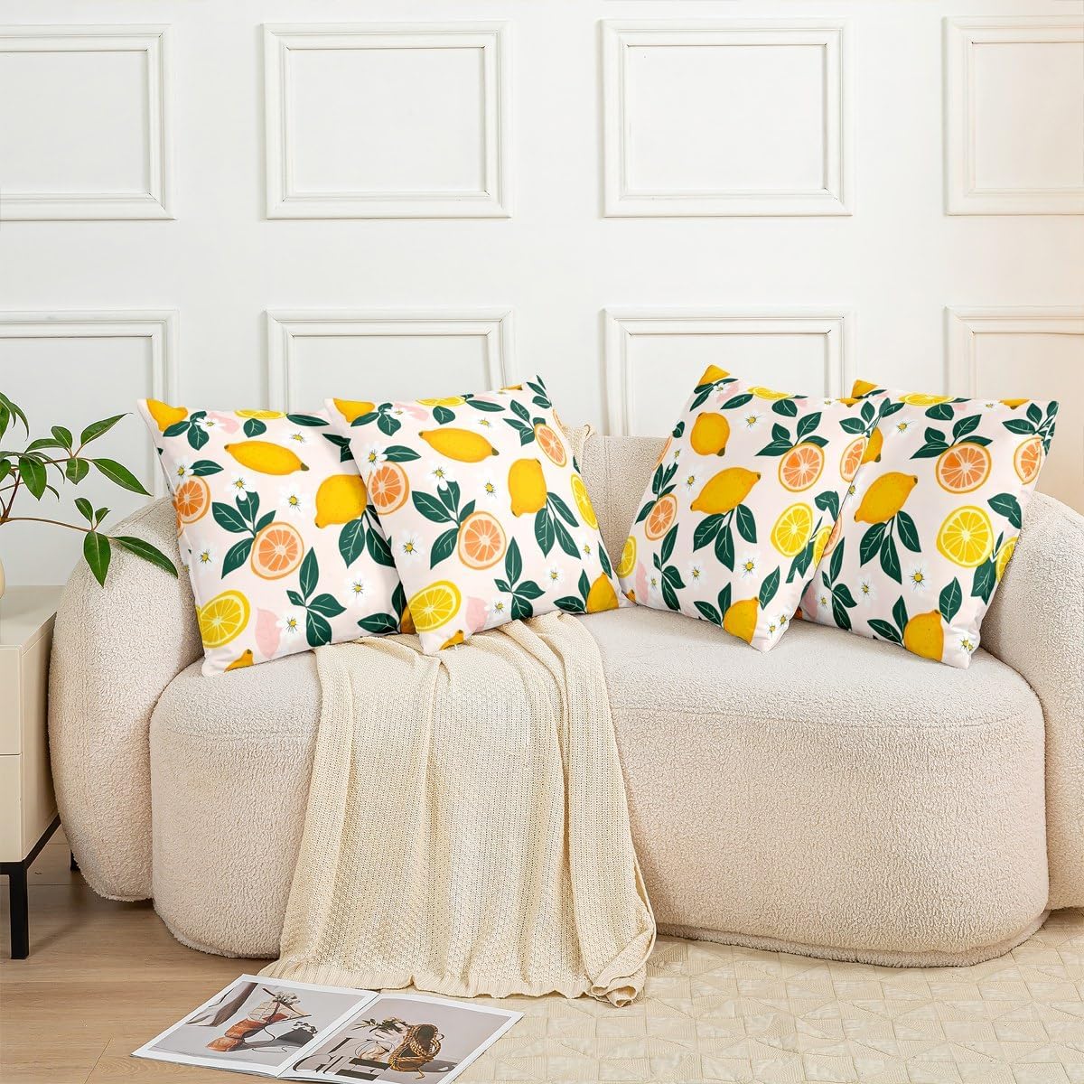 Manfei Lemon Throw Pillow Covers Set of 2 Botanical Leaf Cushion Covers Daisy Floral Summer Fresh Sofa Kids Boys Girls Bedroom Decor Soft Pillows Covers 22x22 Inches Pink Yellow