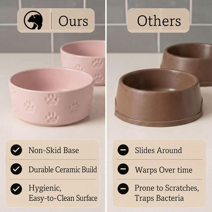 Ceramic Dog Bowl Set of 2 with Anti-Skid Base - 6.5" Wide x 2.5" Tall Ceramic Dog Bowls Medium Sized Dogs - 3.8 Cup Capacity Food and Water Bowls for Dogs - Rubber Bottom Pet Bowl Set of 2 Medium Size