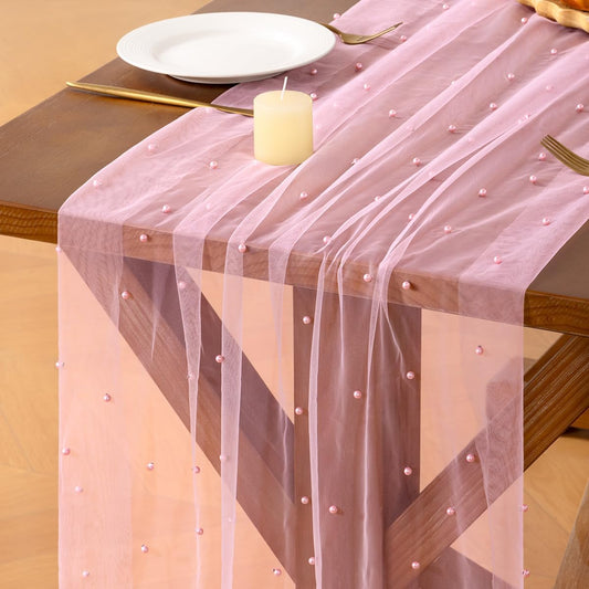 Pearl Table Runner Pink Tulle Cheesecloth 120 Inch 10FT Sheer Gauze Table Runner for Summer Elegant Wedding Birthday Baby Shower Holiday Home Decoration