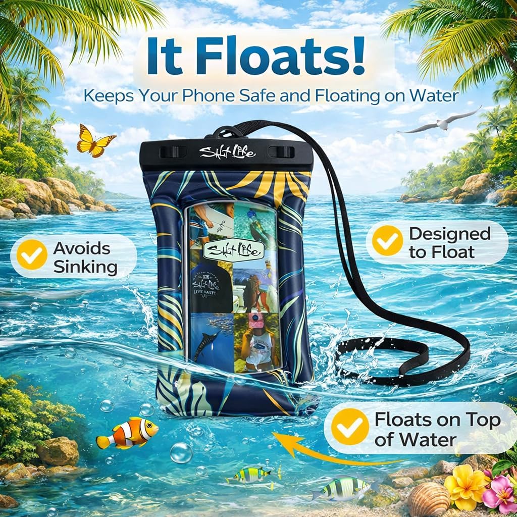 Salt Life Floating Waterproof Phone Case– IPX8 100% Waterproof Phone Case that Floats in Water, Universal Phone Dry Bag with Touchscreen Clear Window, Secure Seal Closure & Lanyard (Pink)