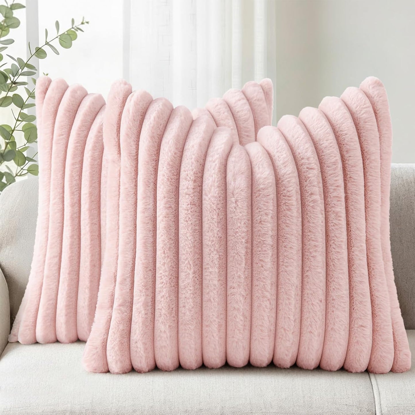 Simmore Faux Fur Couch Throw Pillow Covers 18x18 Set of 2, Decorative Soft Striped Plush Pillow Covers with Velvet Back for Sofa Bed Living Room, Pink