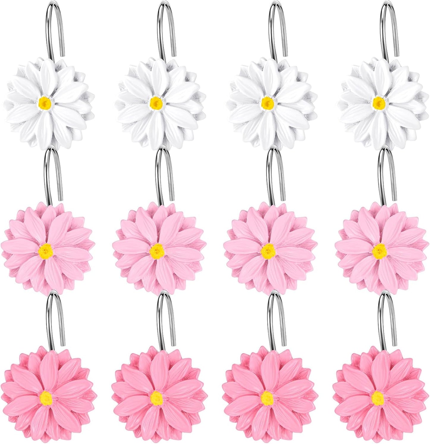 12 PCS Daisy Flower Shower Curtain Hooks Floral Decorative Curtain Hanger Rings Bathroom Curtain Hooks Living Room Bedroom Decor (deep Pink, Soft Pink, White)