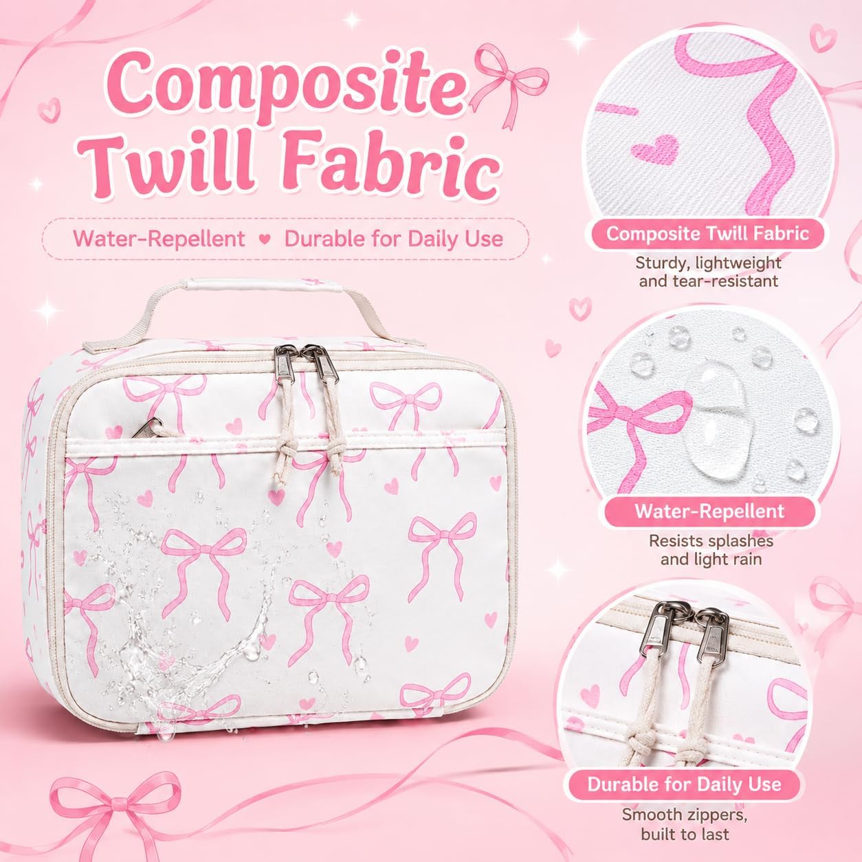 LOIDOU Insulated Lunch Bag for Kids Girls, Cute Bow Insulated Lunch Box Bag for Toddler, Womens Small Lunch Tote, Lunch Box Containers for School Work Picnic, Pink