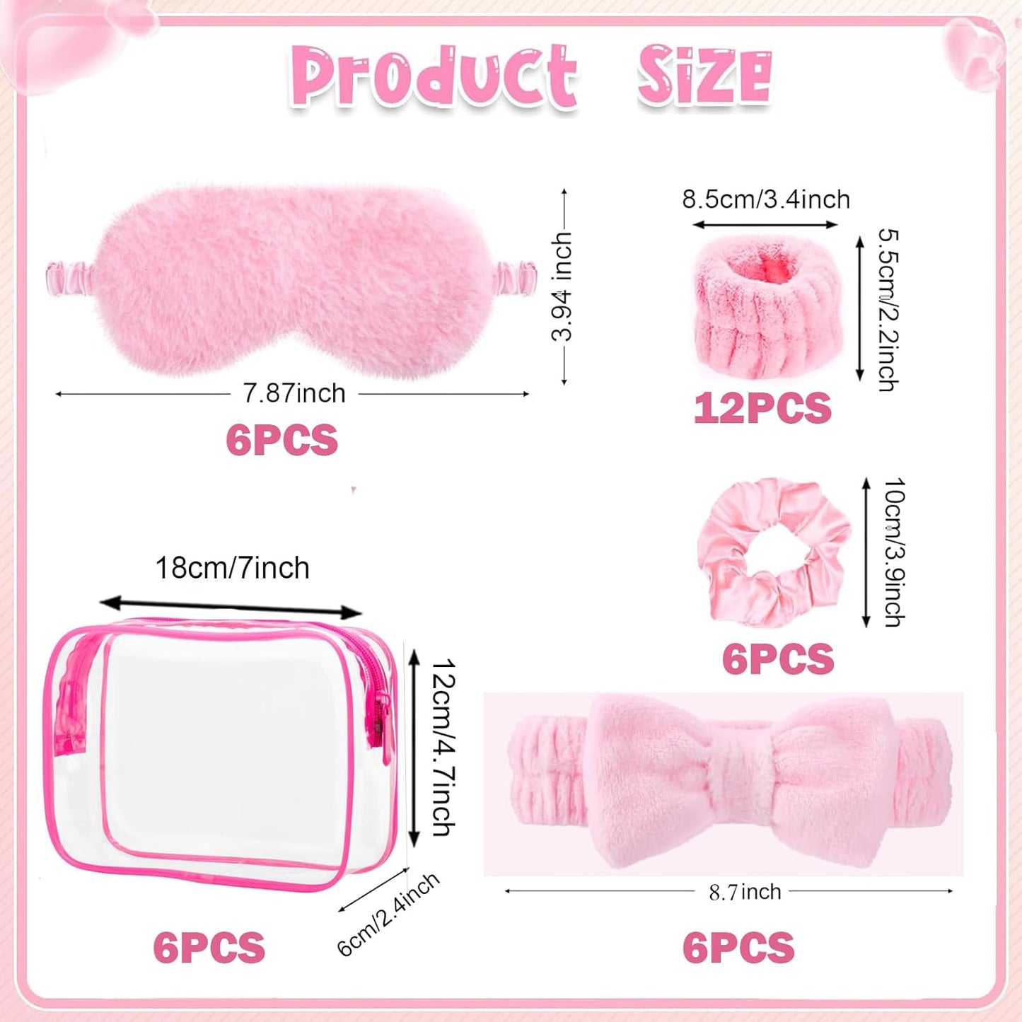 LEFIMOT 36 Pcs Sleepover Party Supplies 12 Pink Spa Headband 6 Pink Plush Sleep Eye Mask 6 Velvet Scrunchies 6 Wristband 6 Clear Cosmetic Bags for Women Slumber Spa Party Favor Gift Skincare Makeup