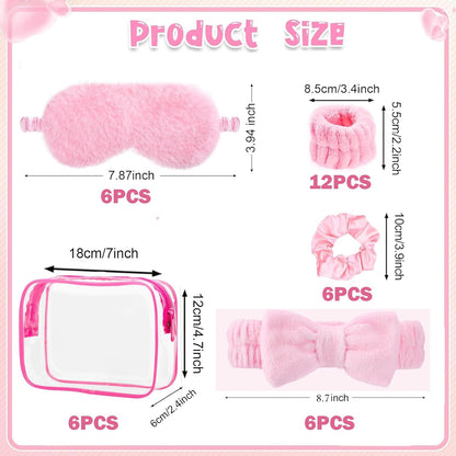 LEFIMOT 36 Pcs Sleepover Party Supplies 12 Pink Spa Headband 6 Pink Plush Sleep Eye Mask 6 Velvet Scrunchies 6 Wristband 6 Clear Cosmetic Bags for Women Slumber Spa Party Favor Gift Skincare Makeup