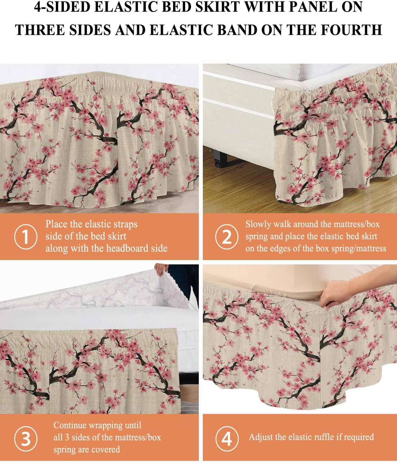 Spring Flowers Bed Skirt Queen Size 16 Inch Drop, Wrap Around Bed Skirts, Country Pink Peach Blossoms Botanical Floral Elastic Bedskirt Pleated Bed Frame Cover Luxurious Dust Ruffle for Queen Bed