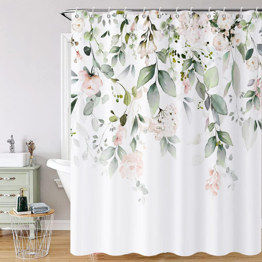 Spring Shower Curtain, Sage Green Eucalyptus Leaf Pink Watercolor Floral Botanical Plants Bathroom Curtain Waterproof Fabric Machine Washable with Hooks, 72" Wx72 L