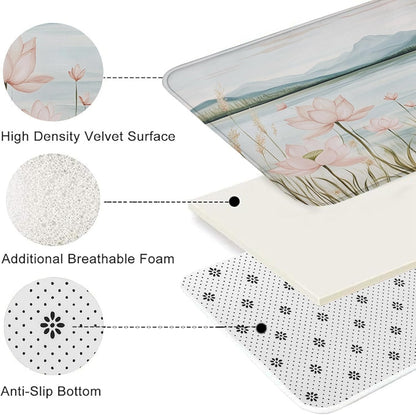 Water Lily Floral Quick Dry Bath Mat, Elegant Peach Water Lily Absorbent Non Slip Shower Mat, Spring Memory Foam Washable Bath Rugs for Bathroom Toilet Restroom Decorative 20x32 Inch