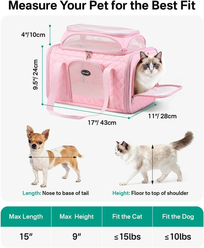 Cat Carrier Airline Approved 17x11x9.5 Inches, Top Expandable Soft Sided Pet Travel Carrier for Cats & Small Dogs, Fits Under Airline Seat with Locking Zippers, Pink