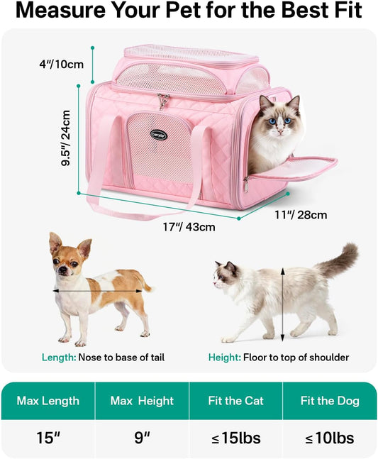 Cat Carrier Airline Approved 17x11x9.5 Inches, Top Expandable Soft Sided Pet Travel Carrier for Cats & Small Dogs, Fits Under Airline Seat with Locking Zippers, Pink
