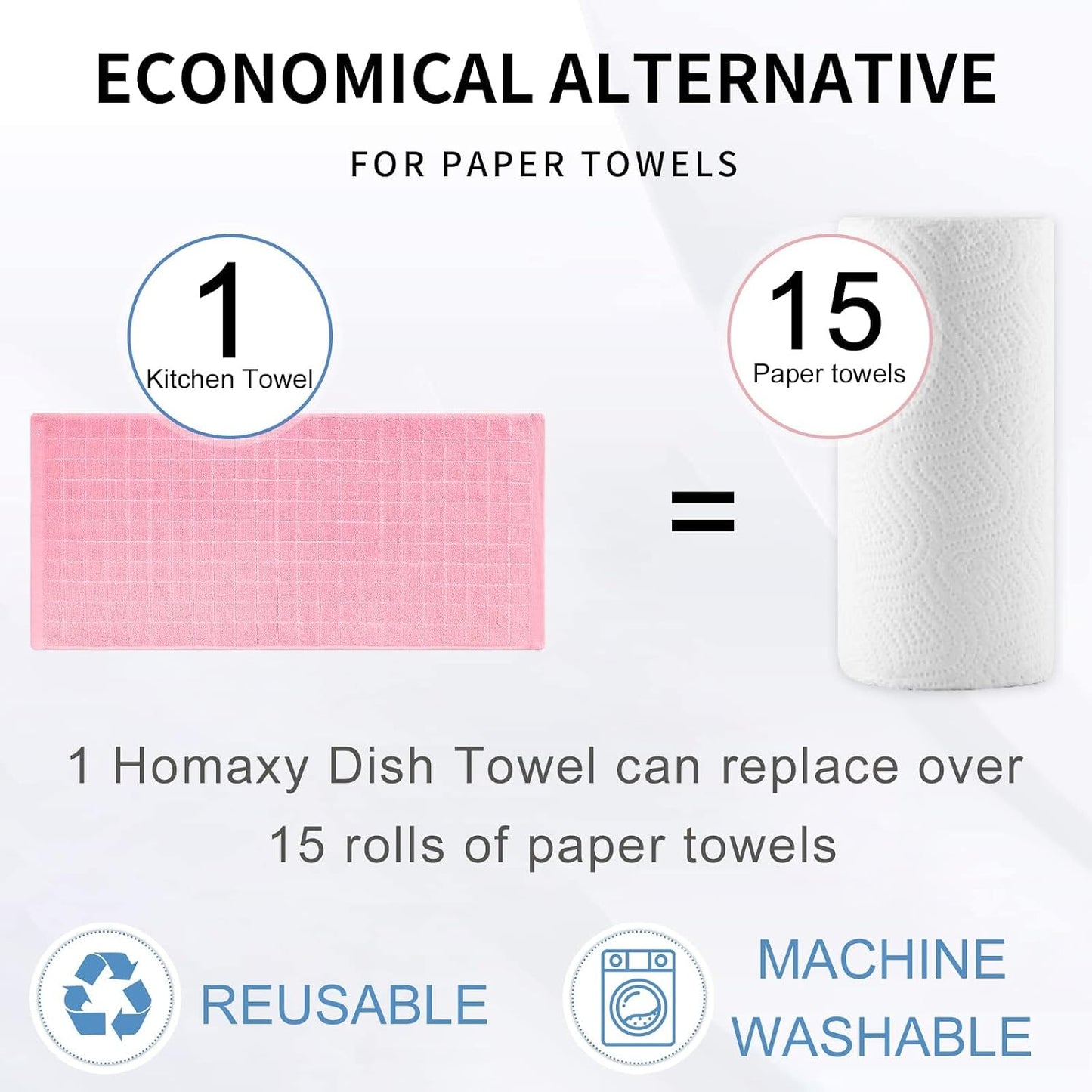 Homaxy 100% Cotton Terry Kitchen Towels(Pink, 13 x 28 inches), Checkered Designed, Soft and Super Absorbent Dish Towels, 2 Pack