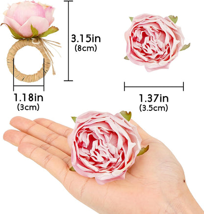 Handcraft Pink Rose Napkin Rings – 6-Pack Handmade Flower Napkin Holders with Jute Wrapped for Romantic Tablescapes, Birthday, Christmas, Thanksgiving, Weddings & Gifting
