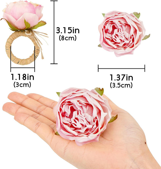 Handcraft Pink Rose Napkin Rings – 6-Pack Handmade Flower Napkin Holders with Jute Wrapped for Romantic Tablescapes, Birthday, Christmas, Thanksgiving, Weddings & Gifting